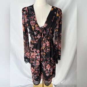 Whimsygoth Dark Floral Mini Dress Crochet Sleeve Detail Size Small